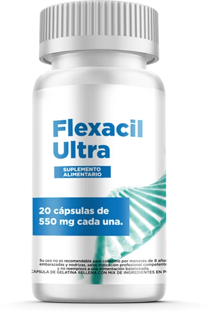 Frasco de Flexacil Ultra, cápsulas con colágeno hidrolizado, cúrcuma y jengibre para las articulaciones