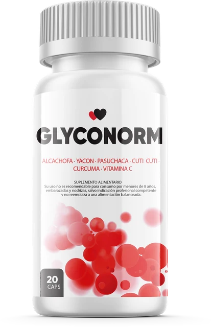 Frasco de Glyconorm, cápsulas con alcachofa, yacón, pasuchaca, cuti cuti, cúrcuma y vitamina C